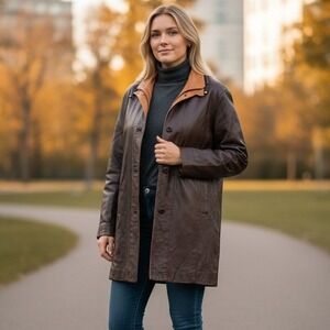 Vera Pelle Faux Leather Jacket Women Brown Tan Collar Zip Button Front Outerwear